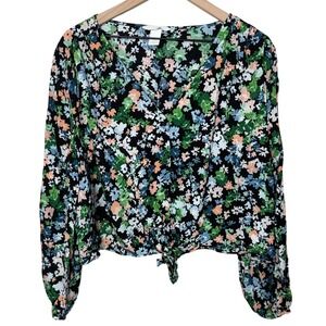 Boho Floral Tie Front Cropped H&M Blouse Large Black Multi-Color Cottage Fairy